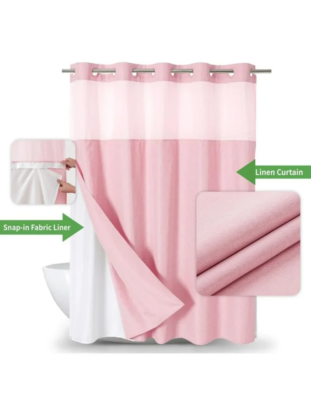 Linen Texture Shower Curtain with Snap-in Liner, 71x80, Pink - No Hook Design